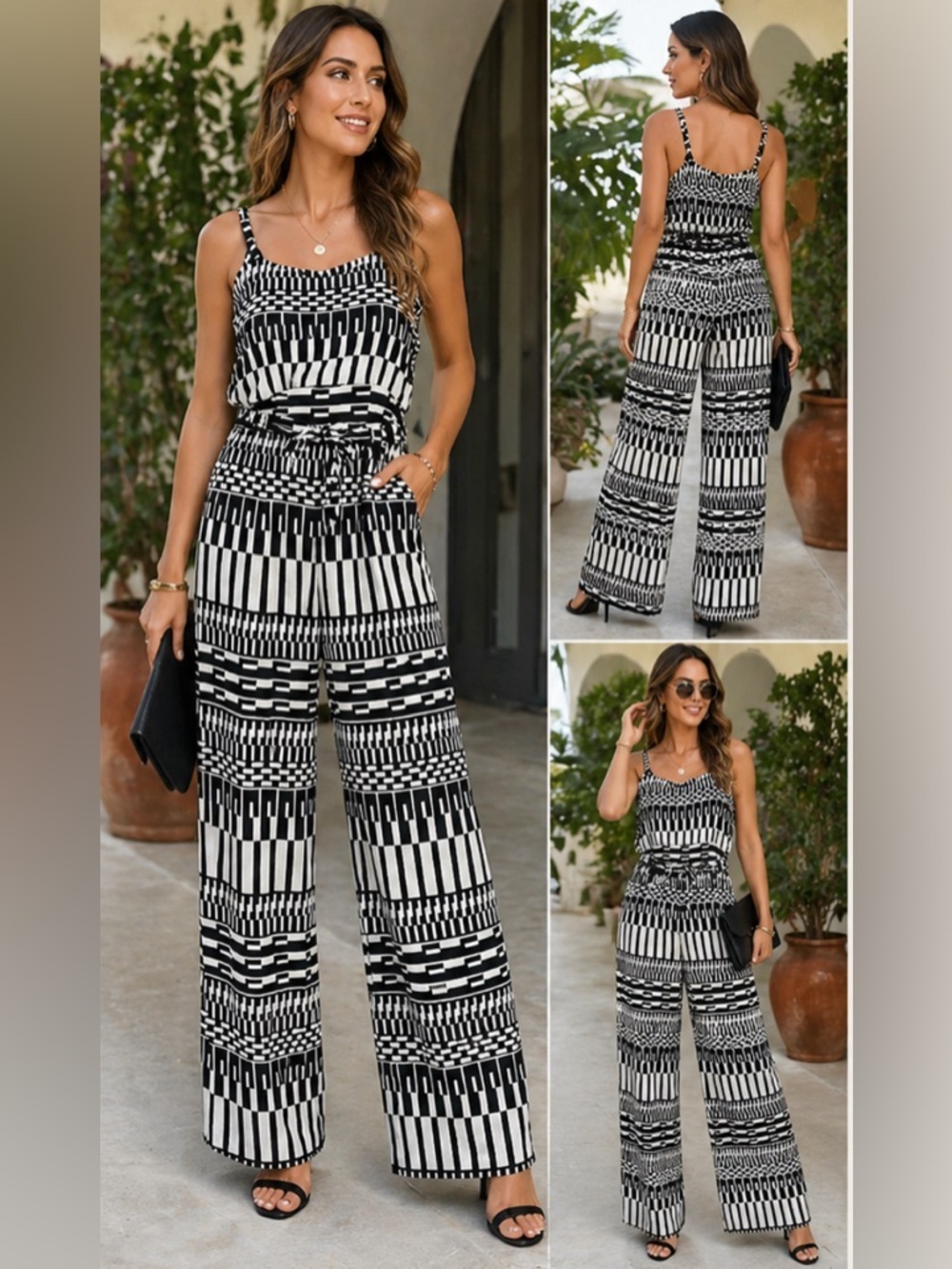 Calvin Klein Black White Geometric Jumpsuit Tie Waist Wide Leg Size 10
